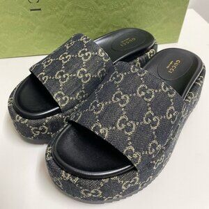 Gucci jacquard black denim platform sandals slide